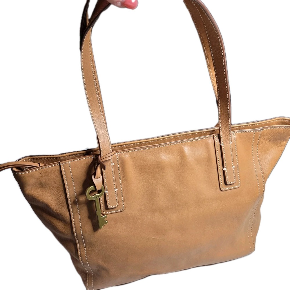 Vtg Fossil Emma Leather Tote Bag Women's Brown Tan Shopper Shoulder Purse Zip
